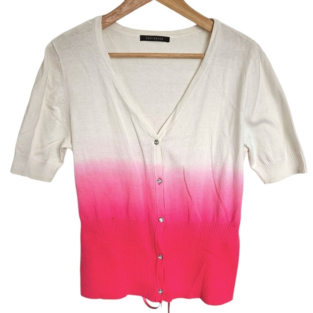 Suzy Shier Hot Pink White‎ Ombre Short Sleeve Ribbon Belt Cotton Cardigan Large